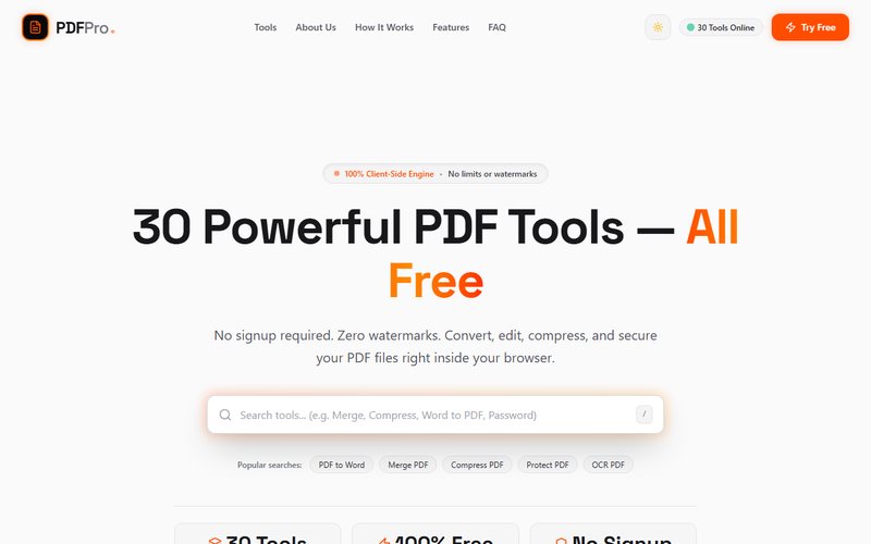 PDFPro Tools — 30 Free Online PDF Tools